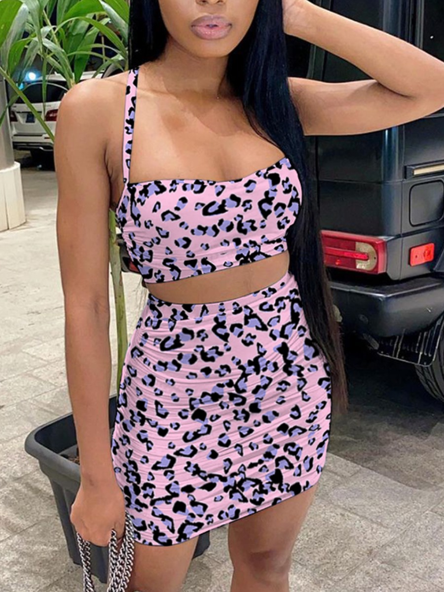 

Lovely Street Leopard Print Patchwork Pink Two Piece Skirt Set