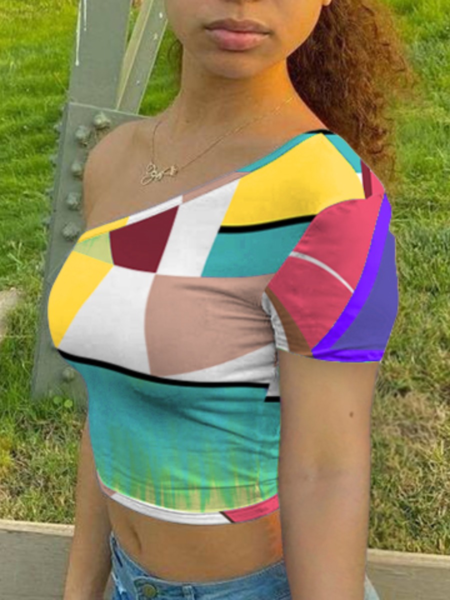 

LW Casual One Shoulder Color-lump Multicolor T-shirt, Multi