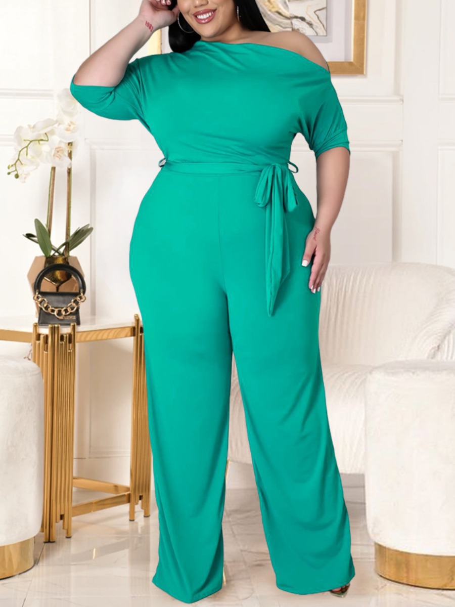 

Lovely Plus Size Elegant Boat Neck Bandage Design Green One-piece Jumpsuit