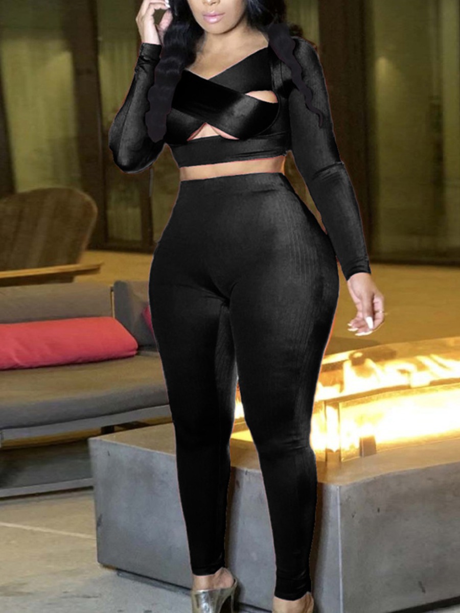 

Lovely Plus Size Sweet Bandage Hollow-out Design Black Two-piece Pants Set
