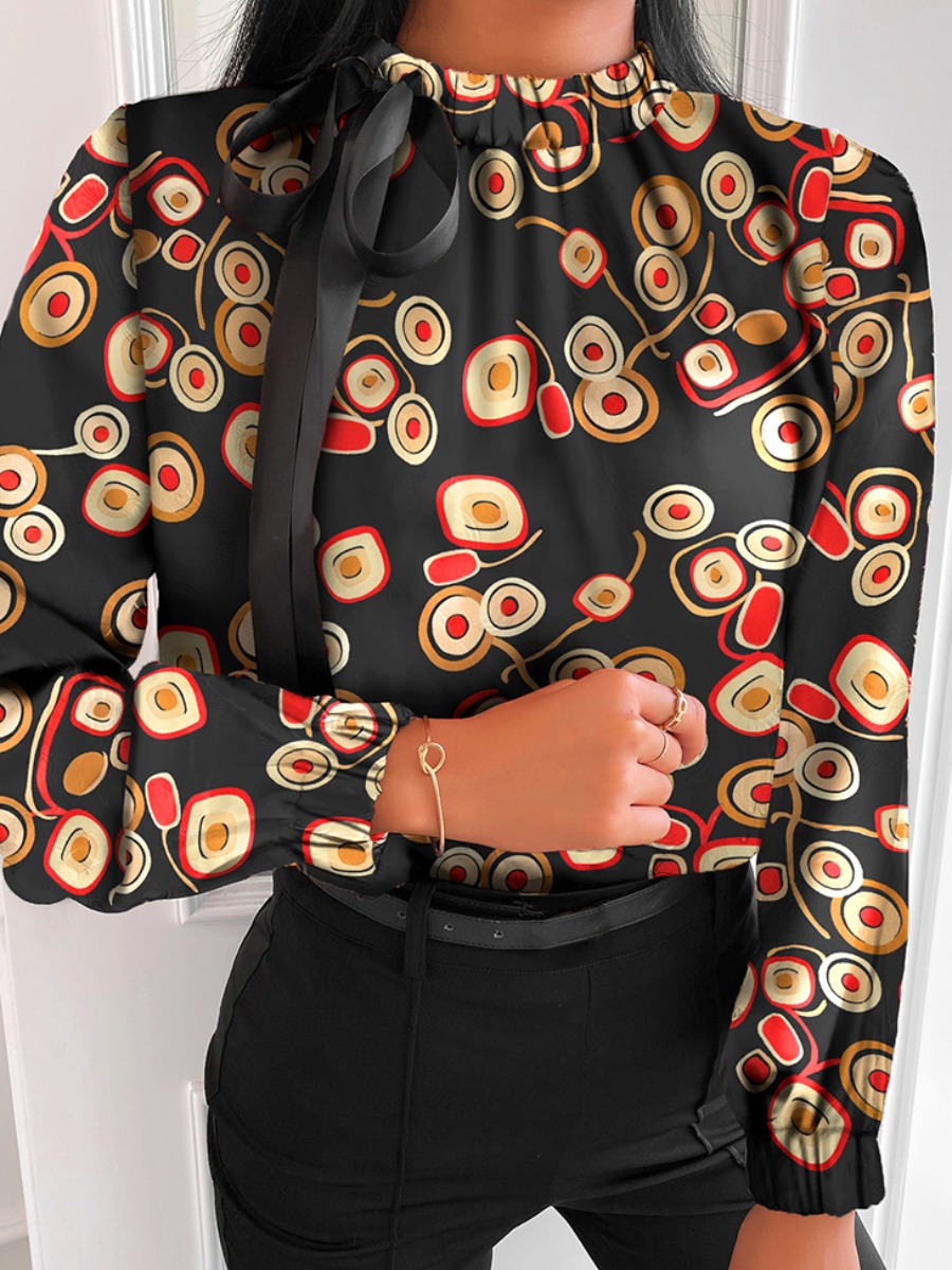 

Lovely Street Print Drawstring Black Blouse