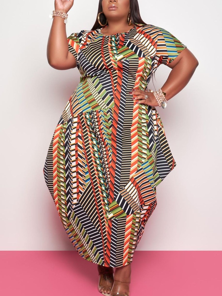 

Lovely Plus Size Street Geometric Print Asymmetrical Orange Ankle Length Dress