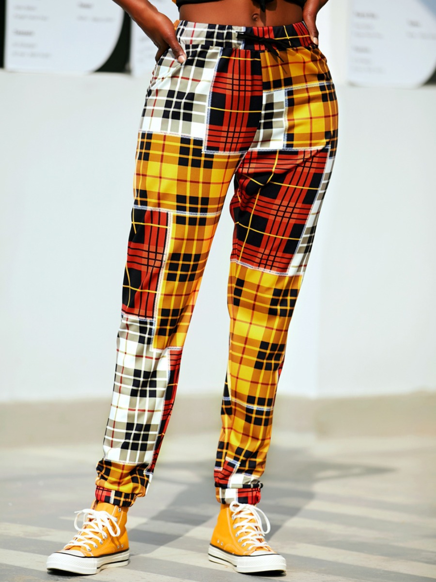

Lovely Street Plaid Print Patchwork Yellow Pants