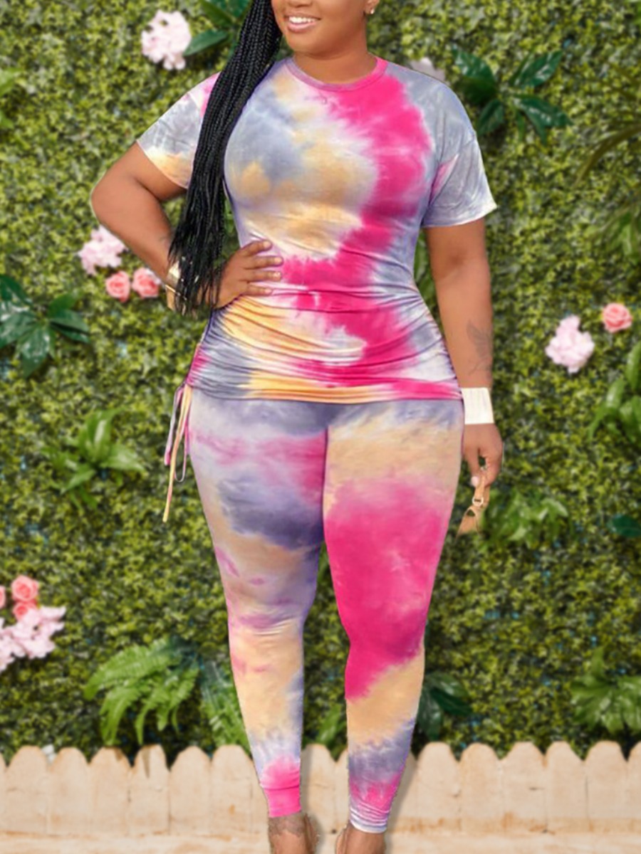 

Lovely Plus Size Casual O Neck Tie-dye Rose Red Two-piece Pants Set