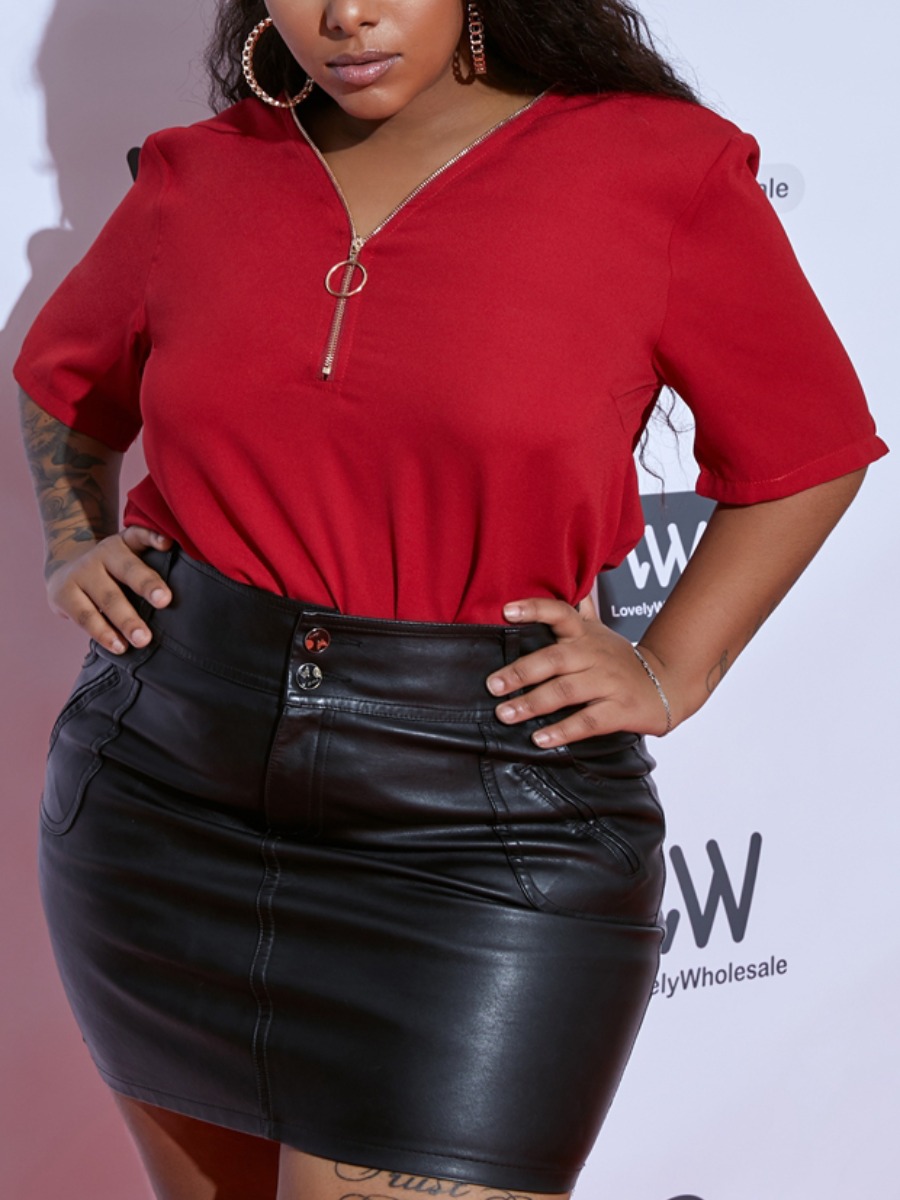 

Lovely Elegant Zipper Design Wine Red Plus Size Blouse