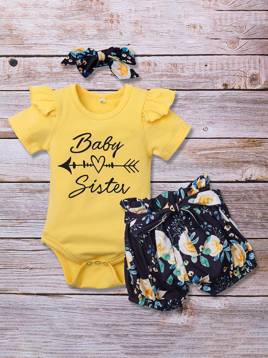 

Lovely Girl Sweet Floral Letter Print White Two Piece Shorts Set, Yellow