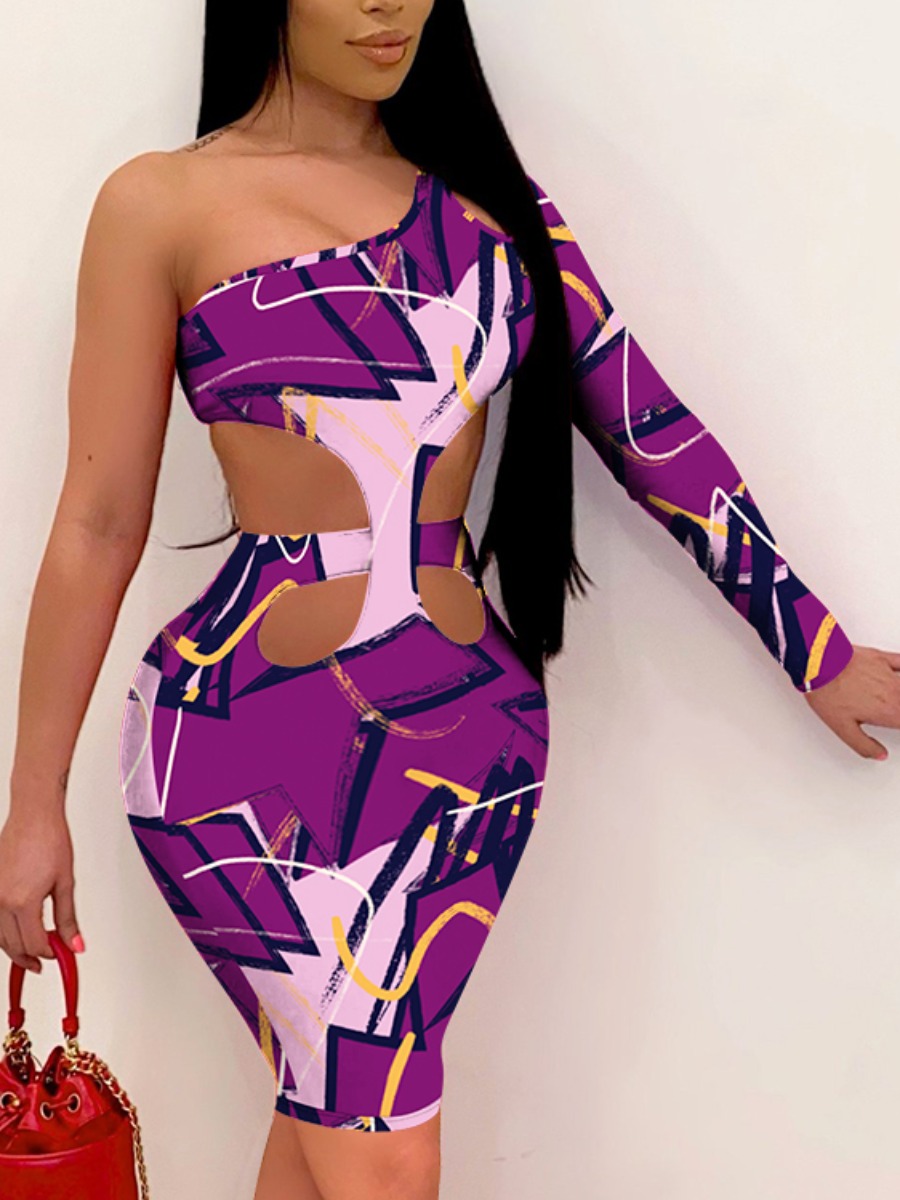 

LW Sweet One Shoulder Print Hollow-out Purple Knee Length Dress