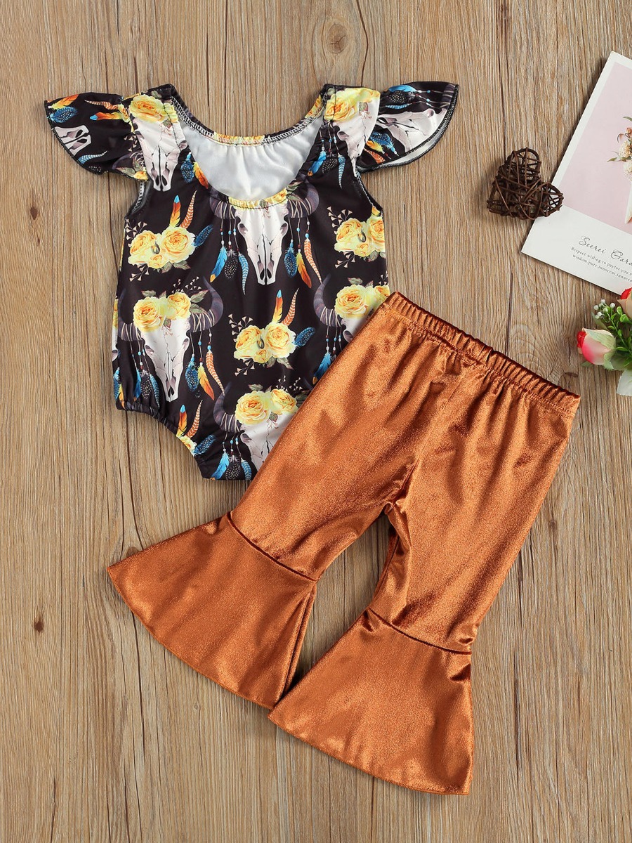 

Lovely Girl Street Floral Print Flared Flounce Design Brown Two Piece Pants Set