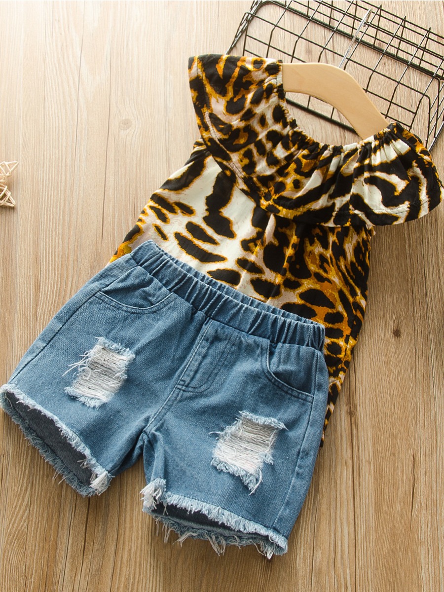 

Lovely Girl Street Leopard Print Ripped Raw Edge Two Piece Shorts Set