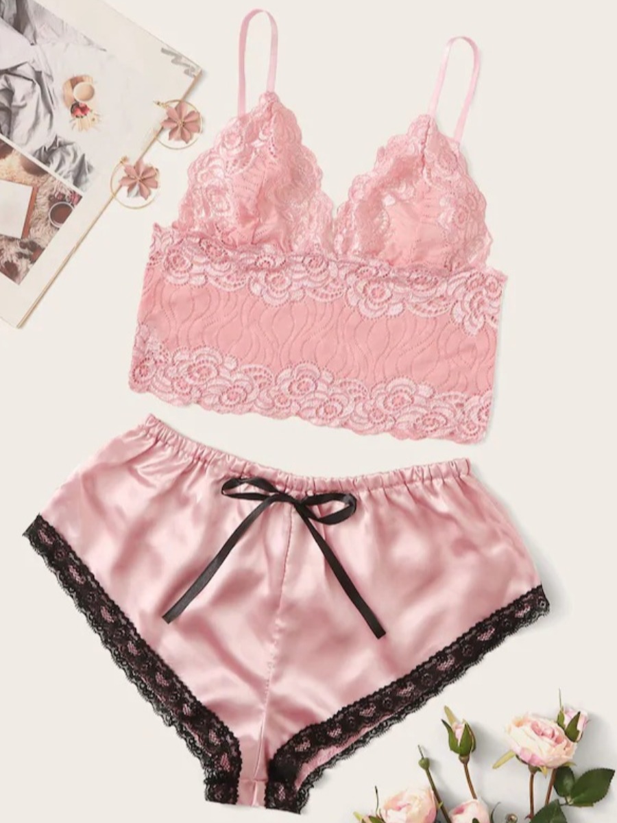 

Lovely Sexy Lace Patchwork Light Pink Bra Set