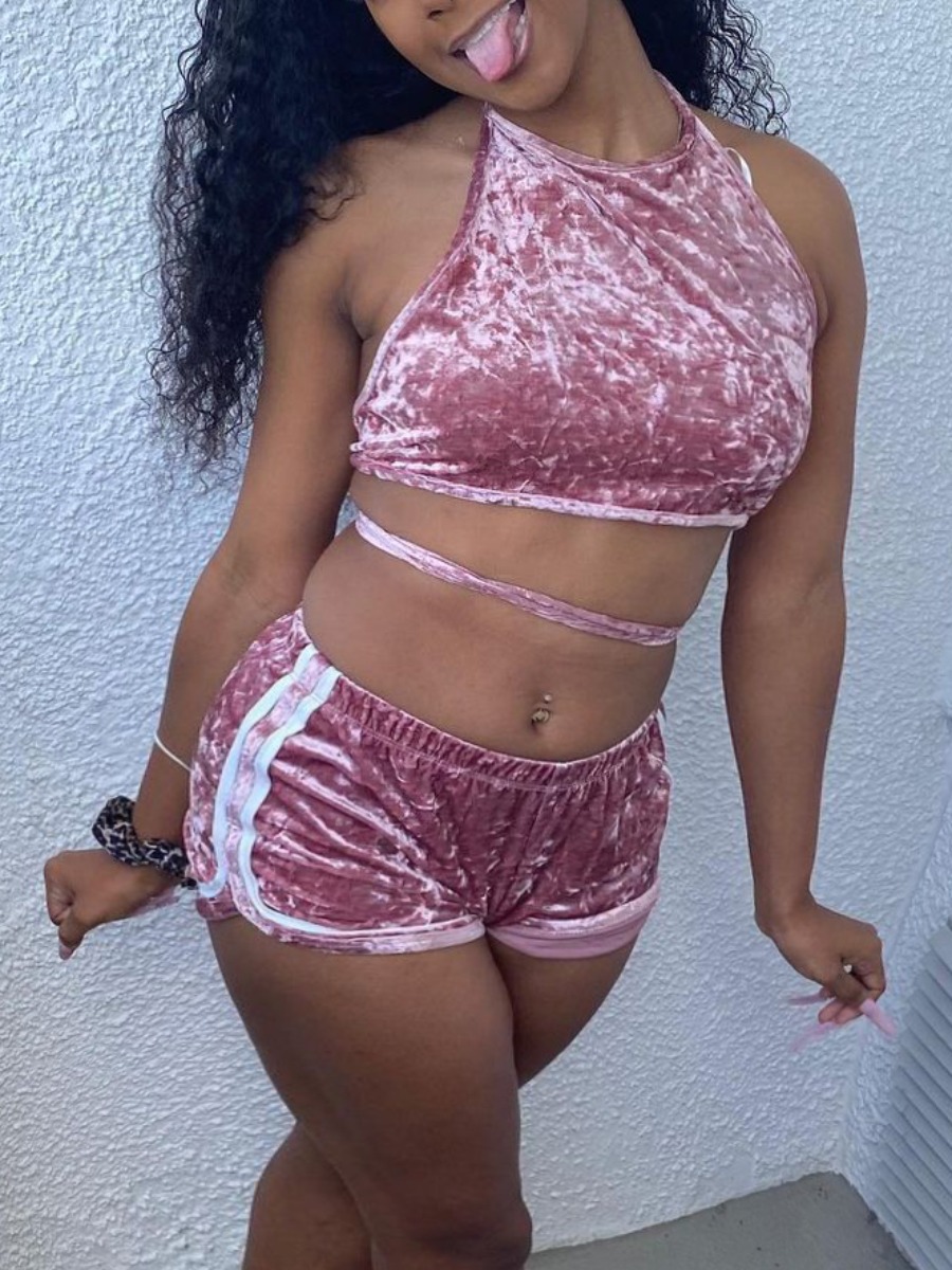 

LW Sweet Backless Striped Pink Two Piece Shorts Set