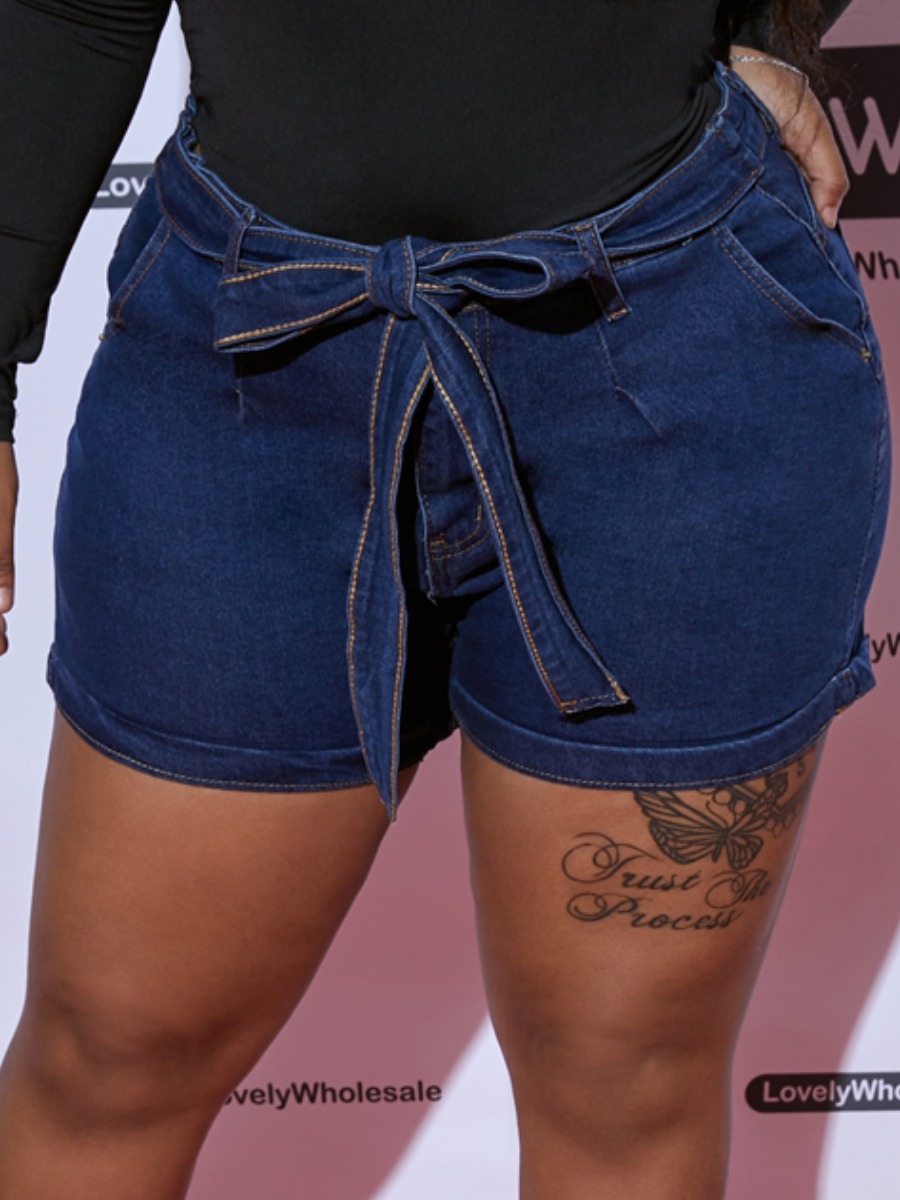 

Lovely Plus Size Street Mid Waist Bandage Design Deep Blue Denim Shorts