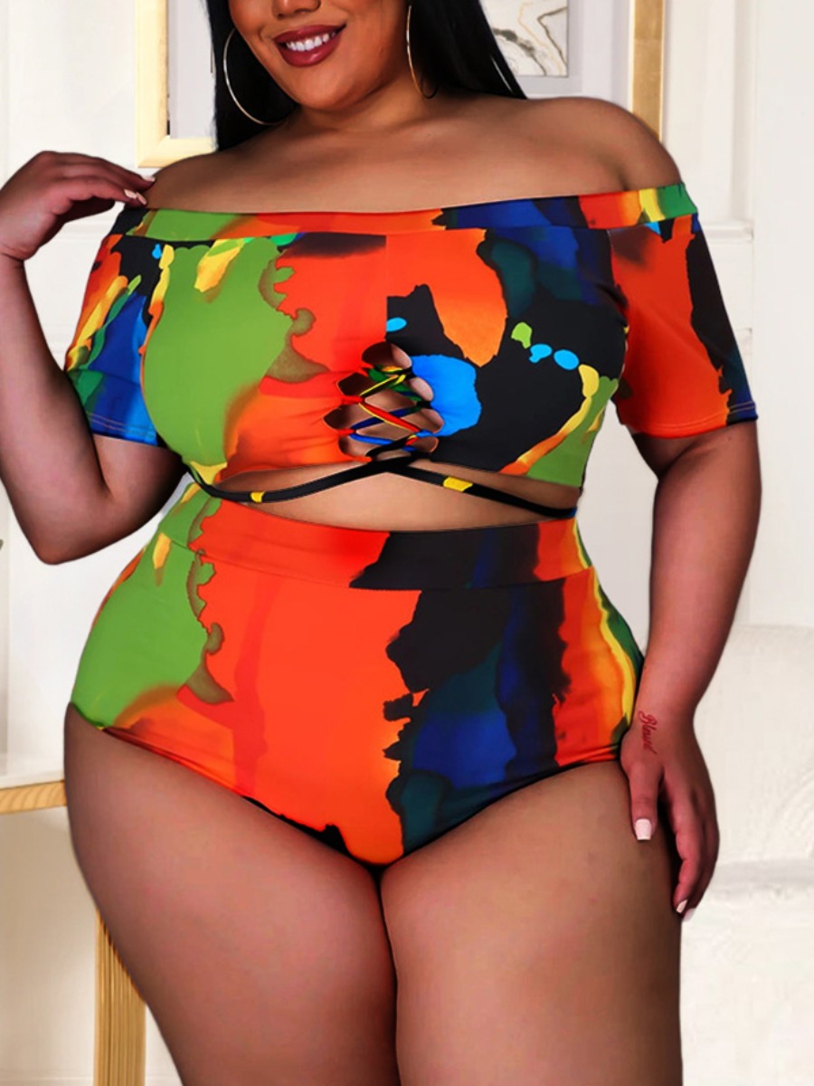 LW Plus Size Boho Off The Shoulder Bandage Hollow-out Design Multicolor Tankini