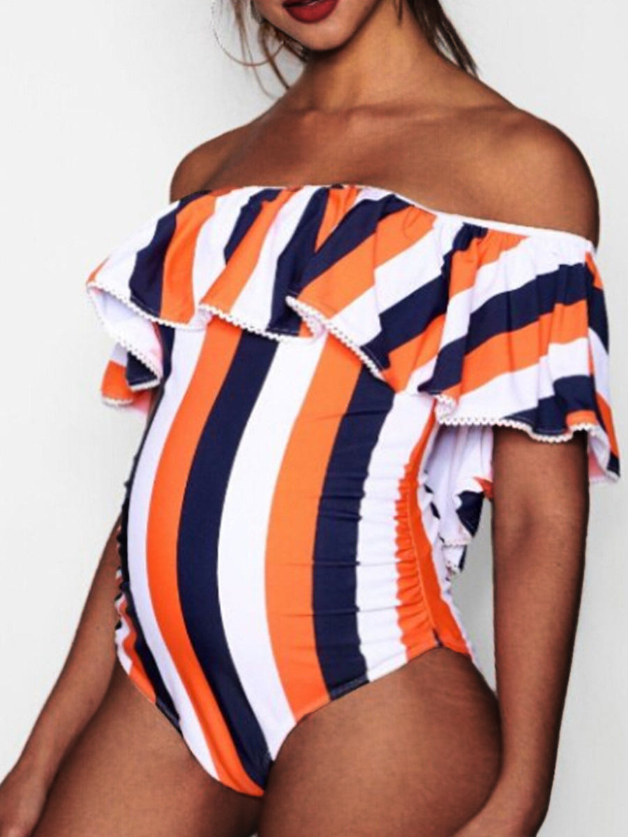 

Lovely Boho Off The Shoulder Striped Flounce Design Multicolor One-piece Maternity Swimsuit, Multicolor mstn