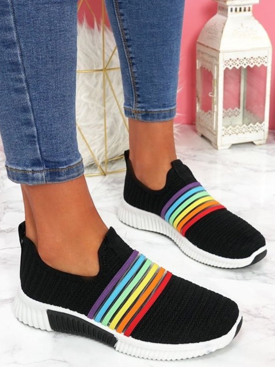 

Lovely Casual Rainbow Stripe Black Flats