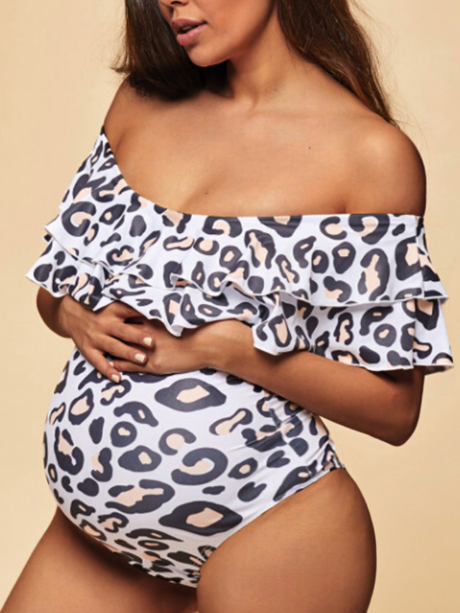 

Lovely Boho Leopard Print Flounce Design Multicolor One-piece Maternity Swimsuit, Multi