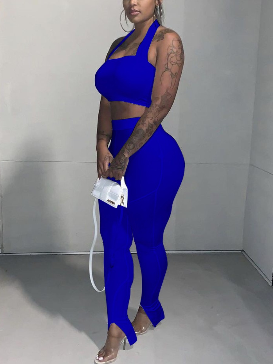 

Lovely Sexy Backless Split Baby Blue Two Piece Pants Set, Royalblue