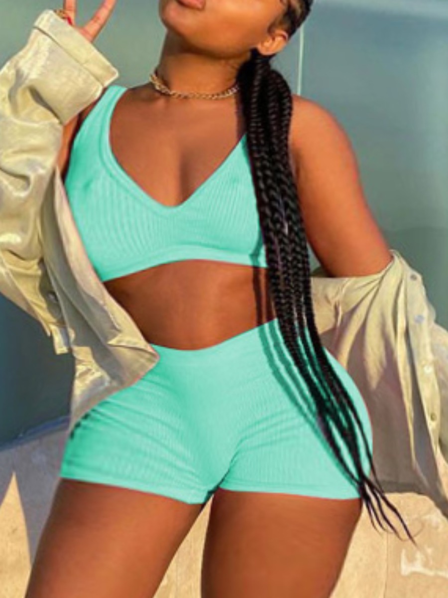

Lovely Casual V Neck Rib-Knit Acid Blue Two Piece Shorts Set
