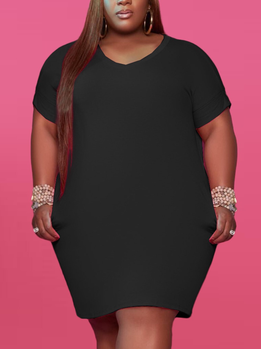 

Lovely Casual V Neck Pocket Design Black Knee Length Plus Size Dress