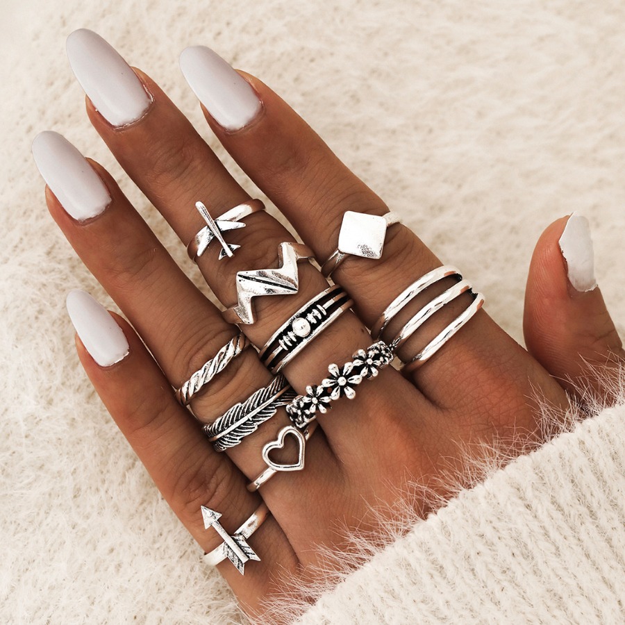 

Lovely Casual Heart-shaped Silver 10-piece Ring