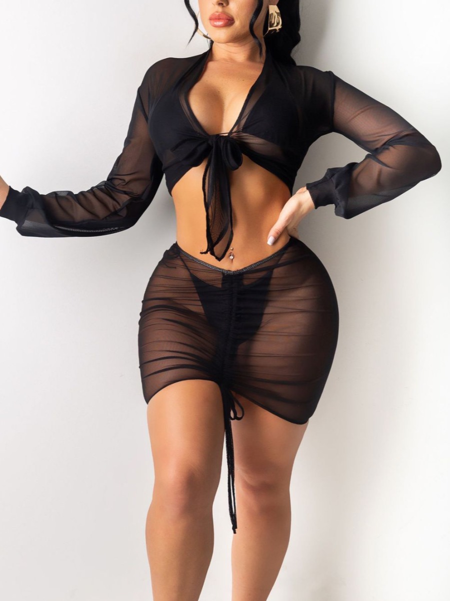 

Lovely Sexy See-through Bandage Design Black Two Piece Skirt Set