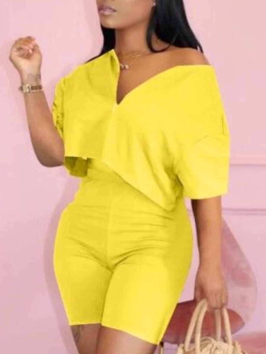 LW Casual V Neck Elastic Yellow Two Piece Shorts Set