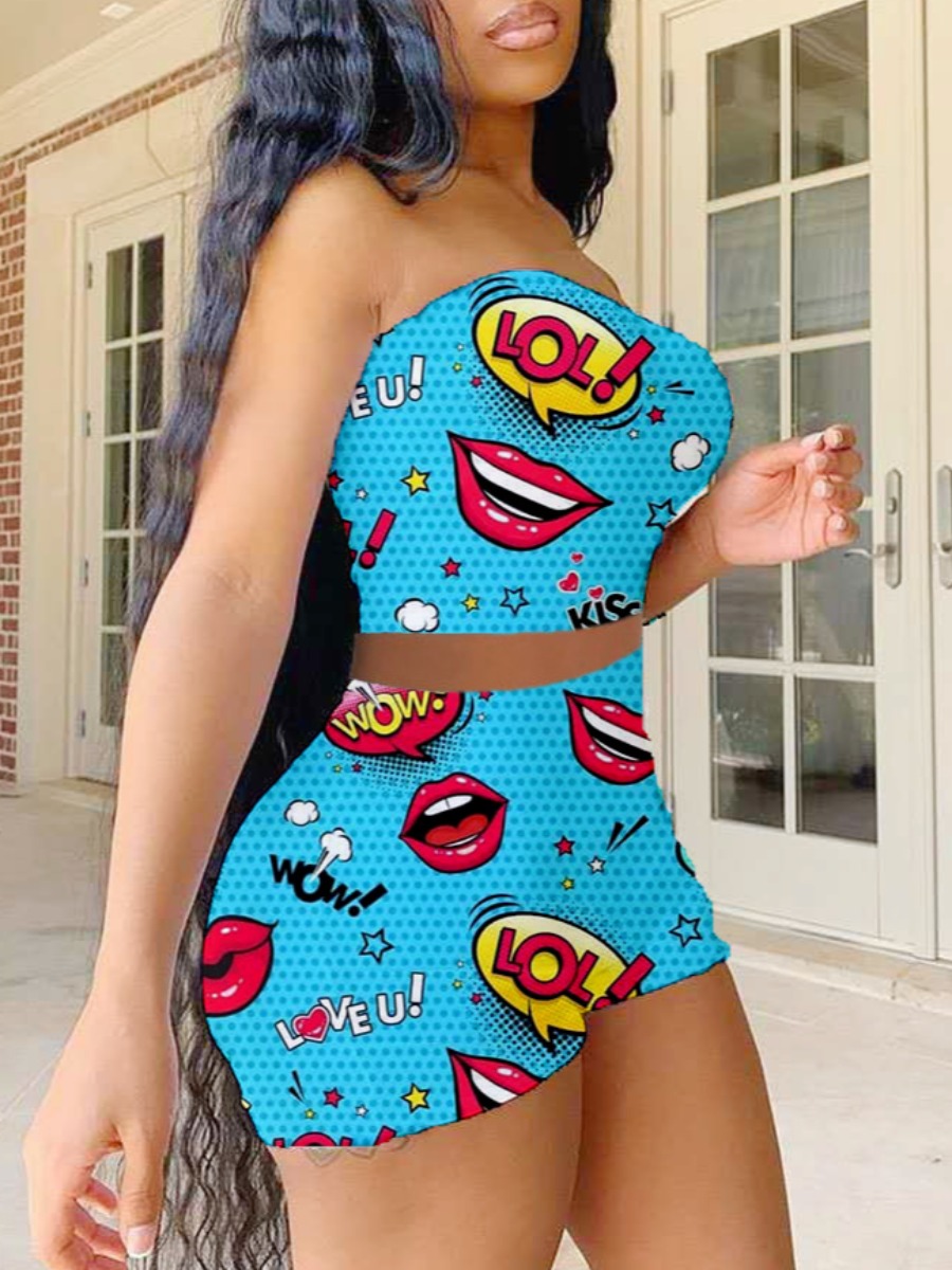 

Lovely Street Off The Shoulder Lip Letter Print Blue Two Piece Shorts Set