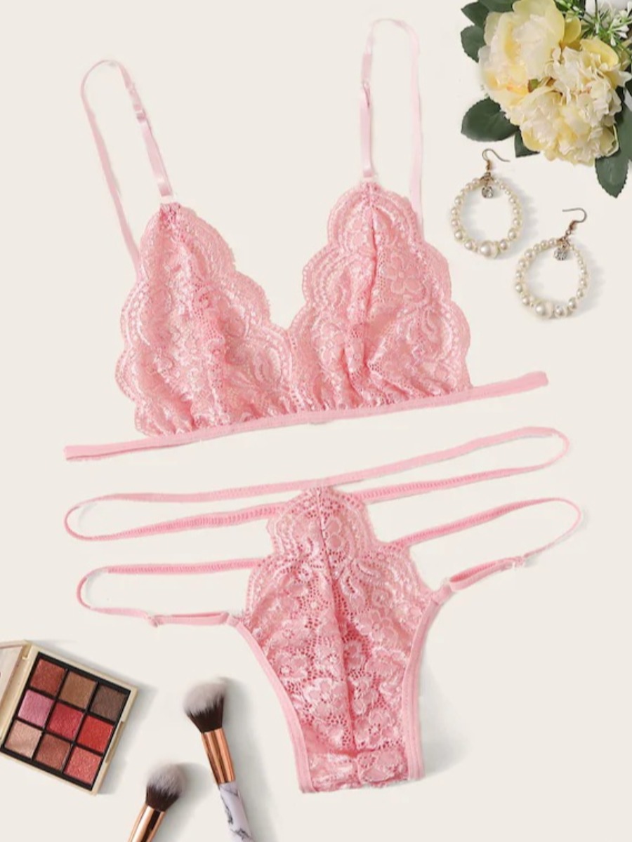 

Lovely Sexy V Neck Hollow-out Pink Bra Set