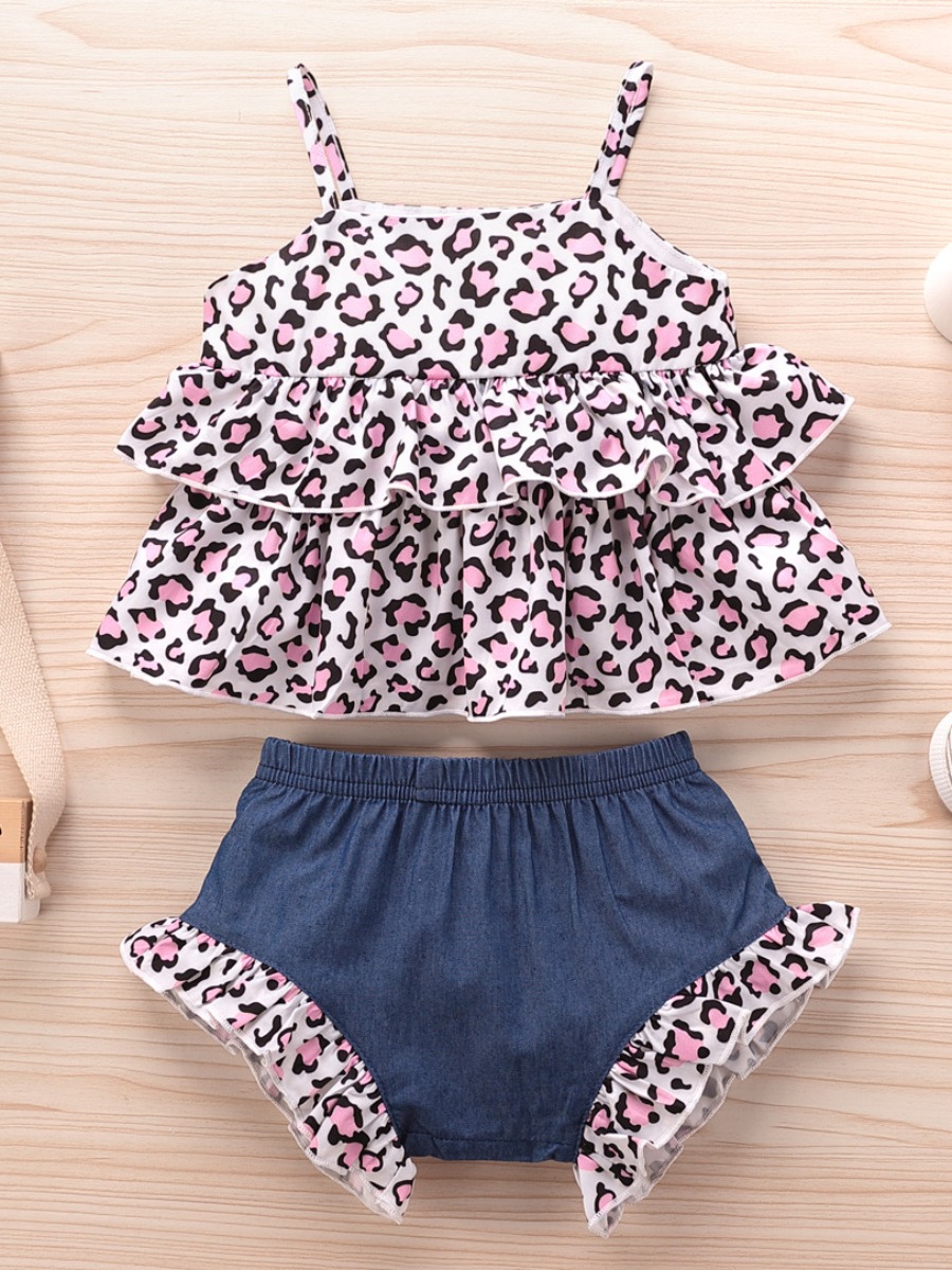 

Lovely Girl Sweet Leopard Print Layered Flounce Design Pink Two Piece Shorts Set