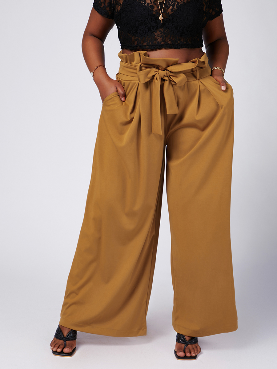 

Lovely Plus Size Formal Bandage Design Loose Brown Pants