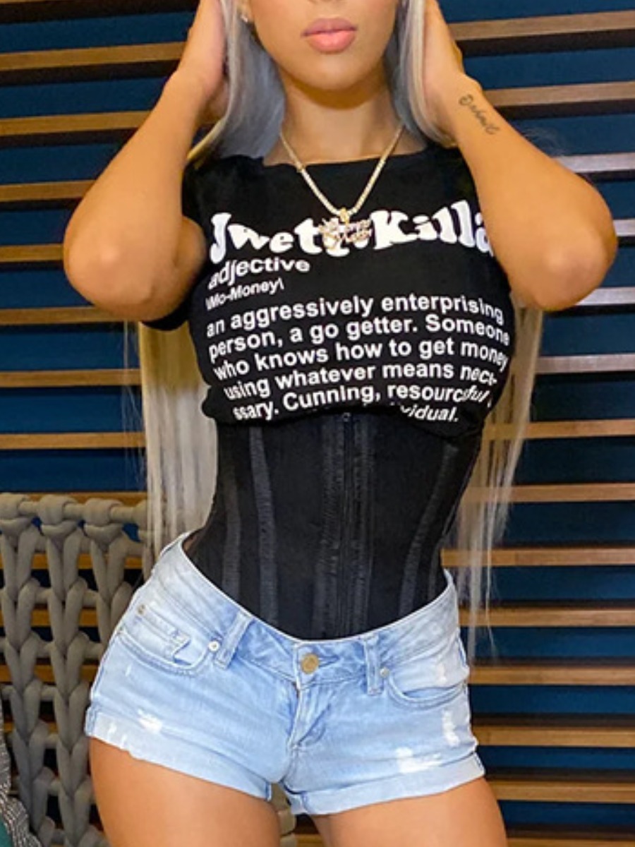 

Lovely Casual O Neck Letter Print Black T-shirt