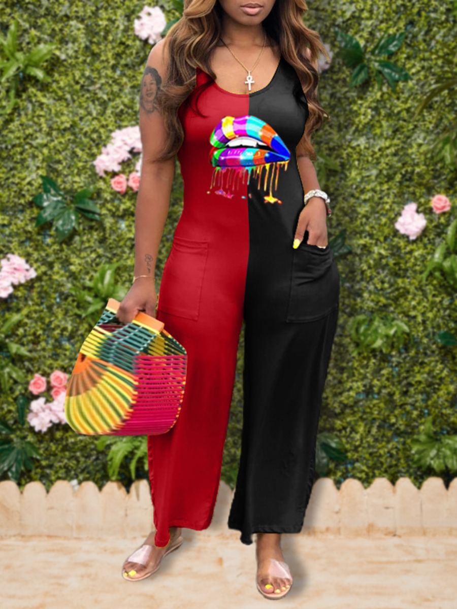 

Lovely Plus Size Street Lip Print Patchwork Black One-piece Jumpsuit