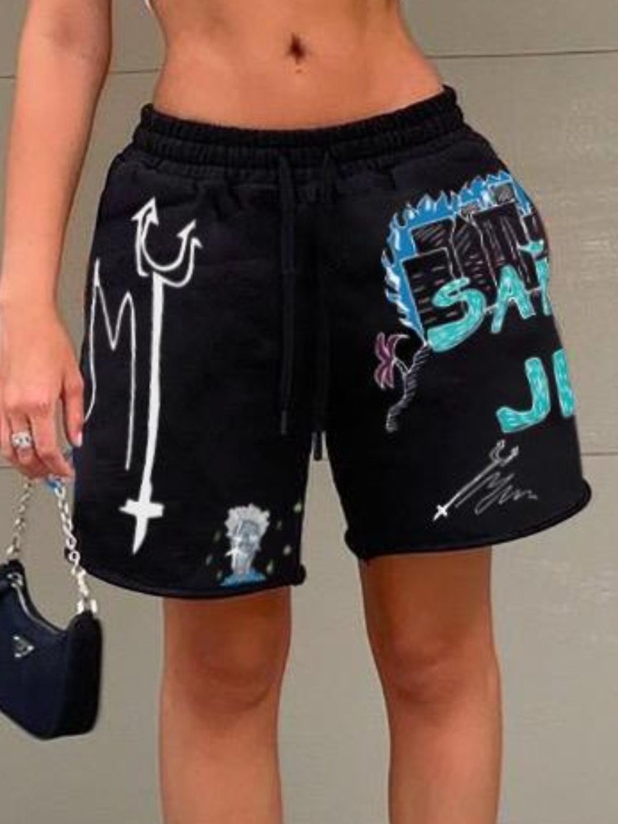 

Lovely Street Letter Print Drawstring Pitch-black Shorts