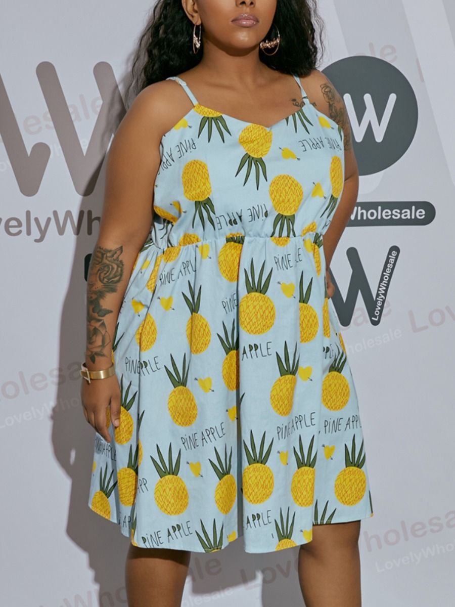 

Lovely Casual Spaghetti Strap Fruir Print Dark Yellow Knee Length Plus Size Dress