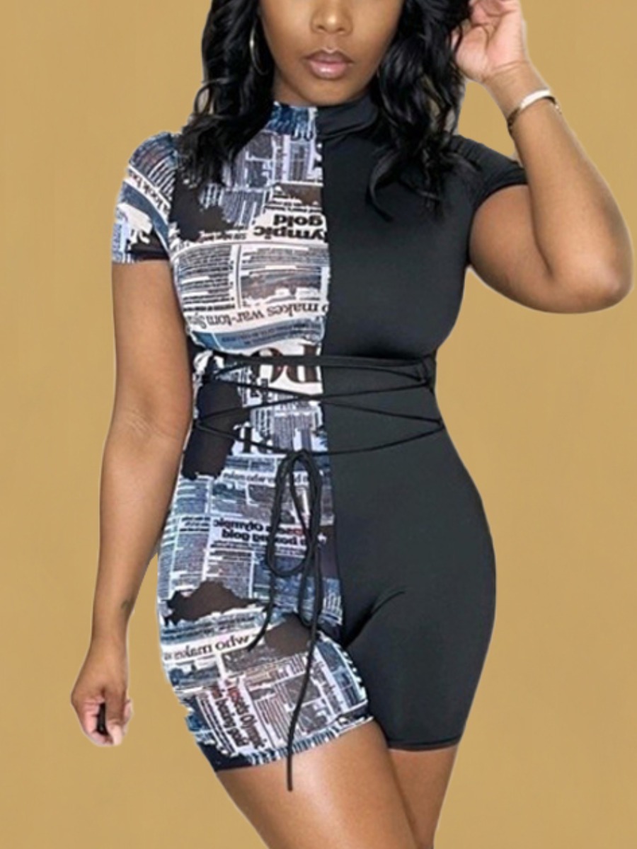 

Lovely Street Newspaper Print Bandage Design Black One-piece Romper