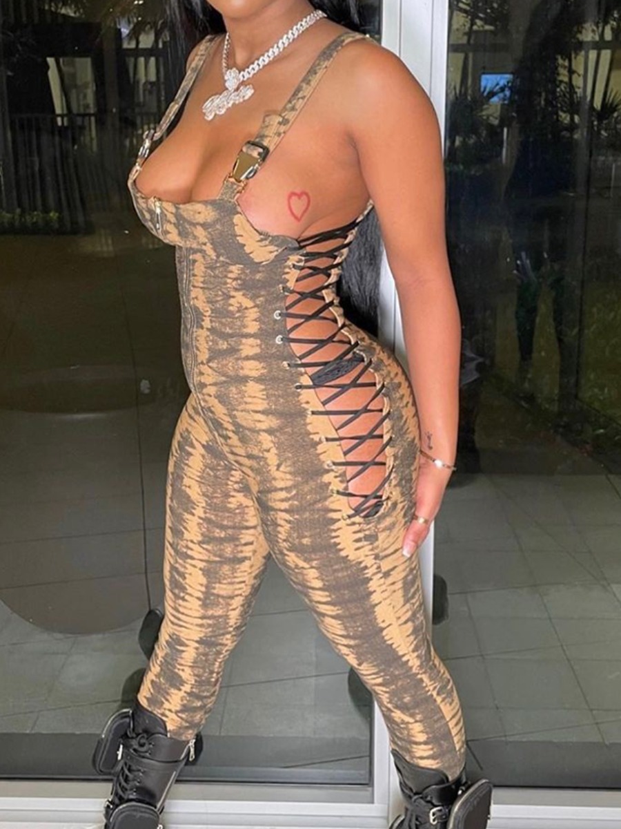 

Lovely Sexy Tiger Stripe Bandage Hollow-out Design One-piece Jumpsuit, Tiger stripes