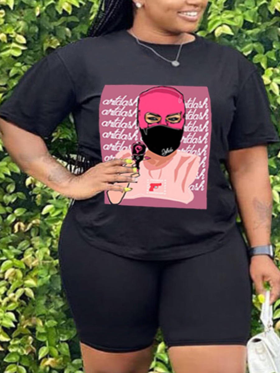 

Lovely Street Masked Face Letter Print Black Plus Size Two-piece Shorts Set