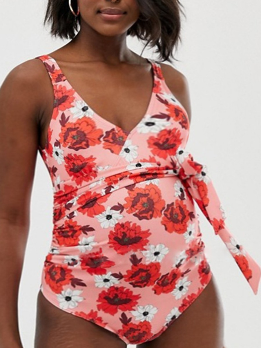 

Lovely Boho Floral Print Bandage Design Red One-piece Maternity Swimsuit
