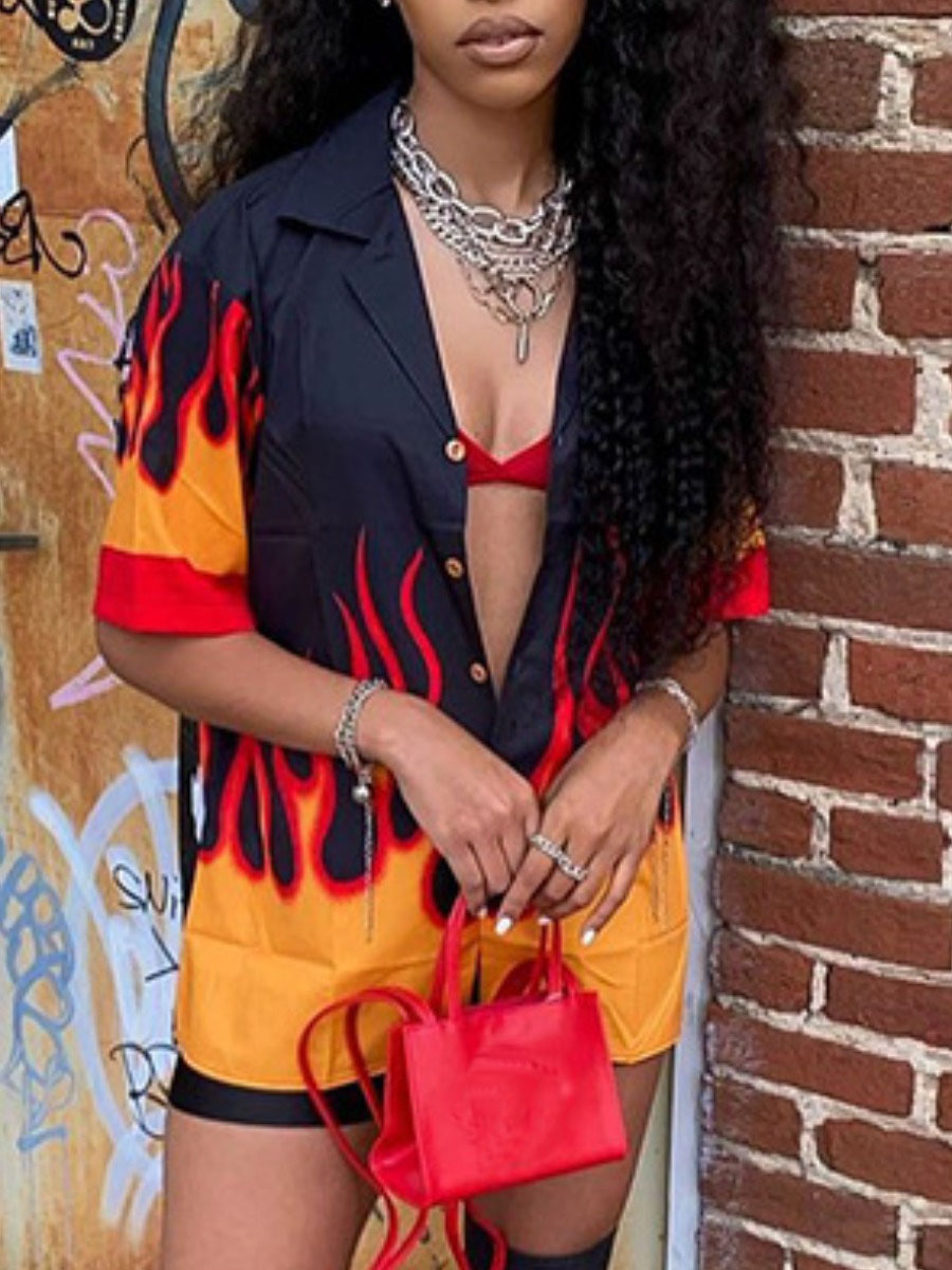 

Lovely Street Turndown Collar Flame Print Black Two Piece Shorts Set