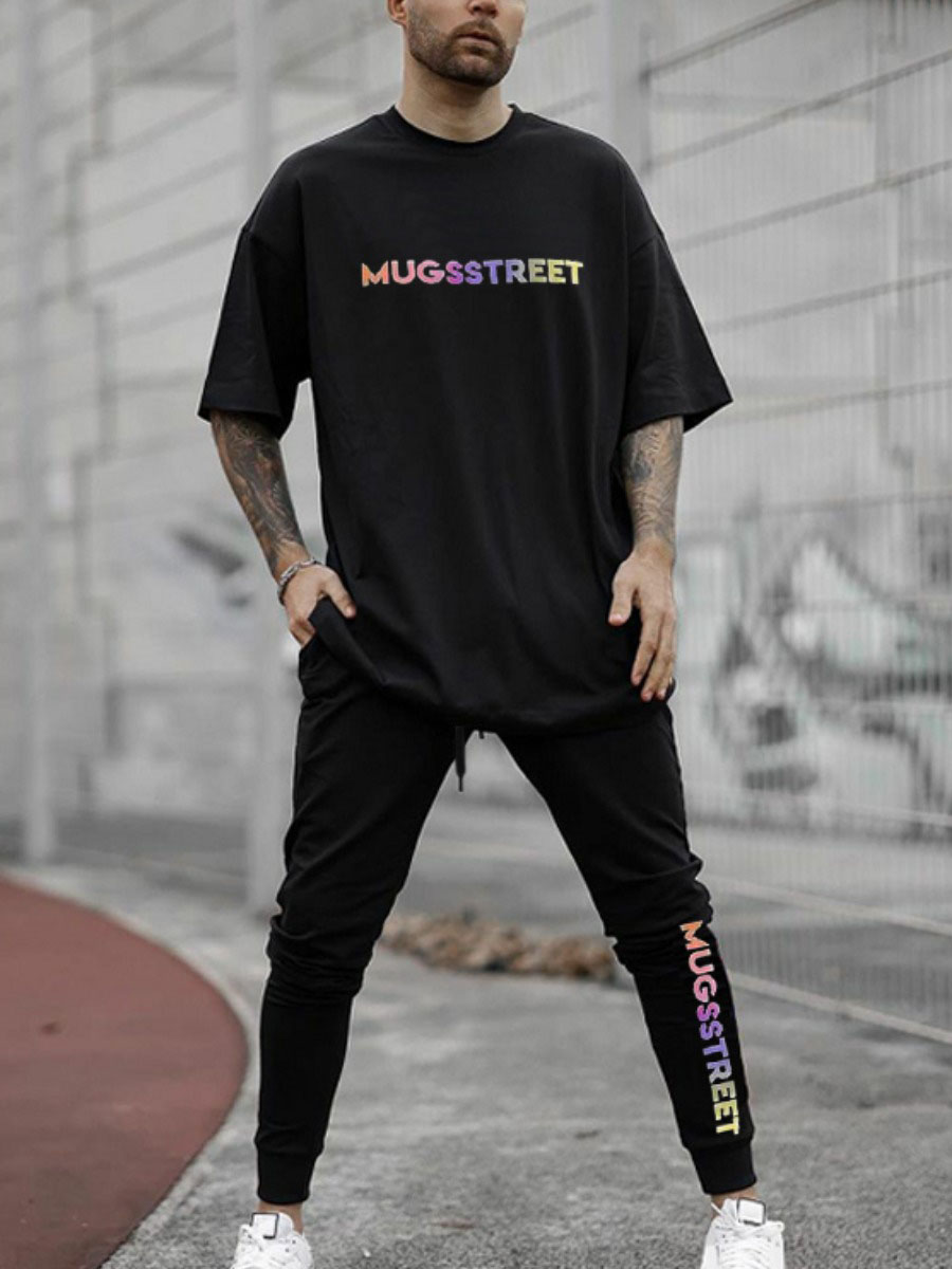 

Lovely Men Casual O Neck Letter Print Black Two Piece Pants Set