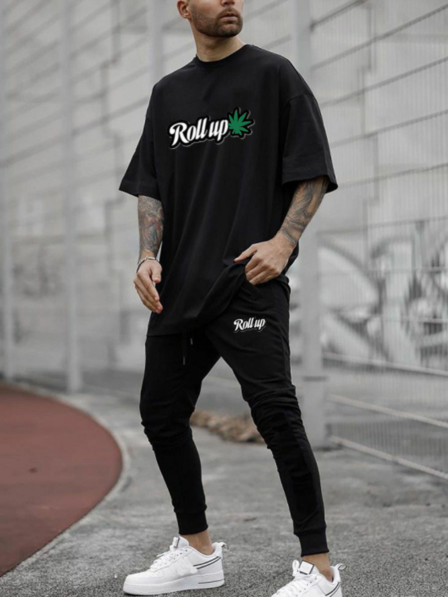 

Lovely Men Casual Dropped Shoulder Letter Print Black Two Piece Pants Set