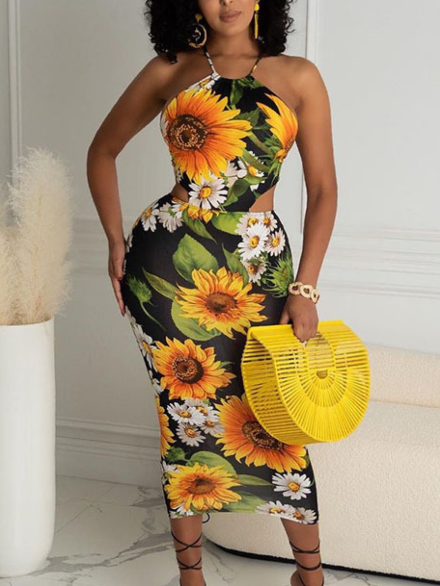 

Lovely Boho Backless Floral Print Black Mid Calf Dress