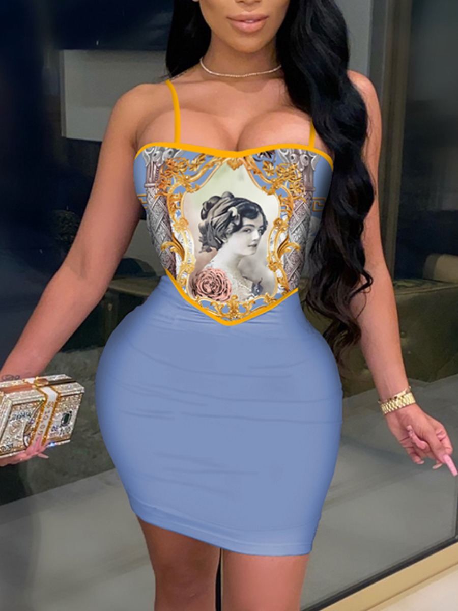 

Lovely Sweet Graffiti Print Basic Skinny Baby Blue Mini Dress