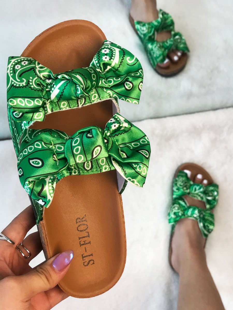 

Lovely Casual Print Bow-tie Decoration Green Slippers