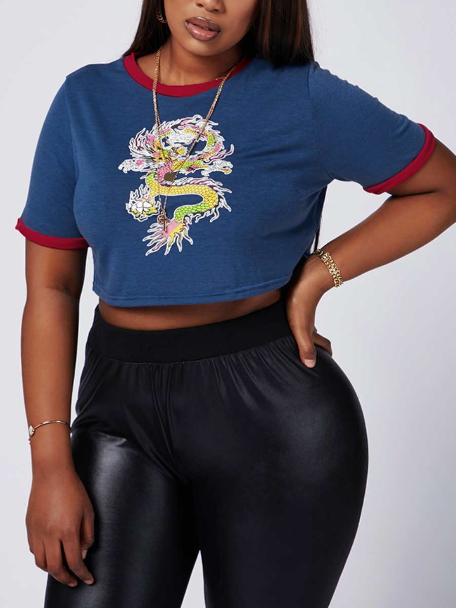 

Lovely Street O Neck Dragon Print Blue Plus Size T-shirt