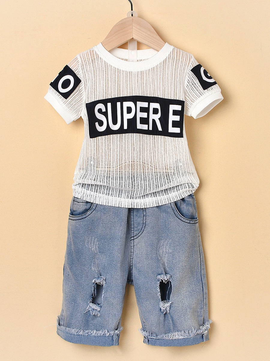 

Lovely Girl Street See-through Letter Print Ripped White Two Piece Shorts Set