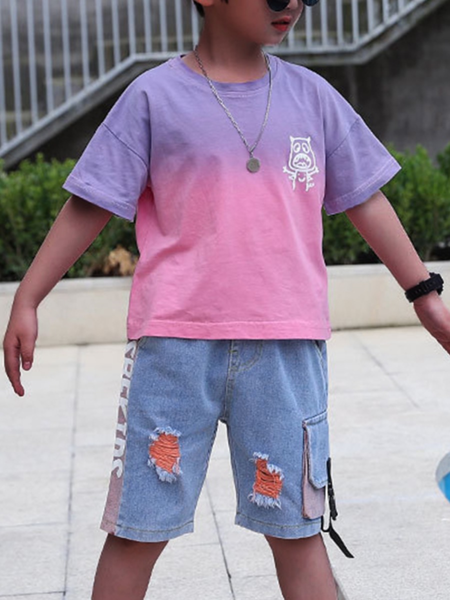 

Lovely Boy Street Gradient Ripped Light Purple Two Piece Shorts Set