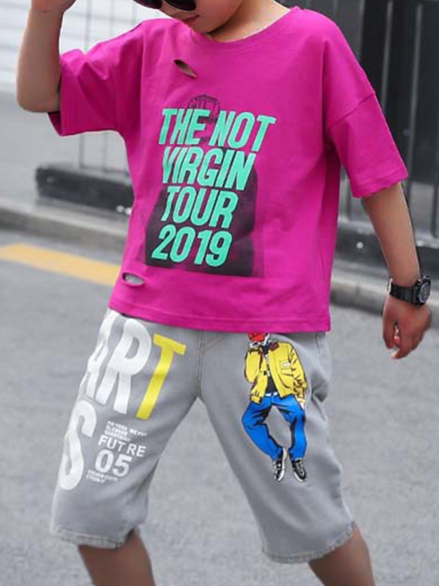 

Lovely Boy Street O Neck Letter Print Purple Two Piece Shorts Set