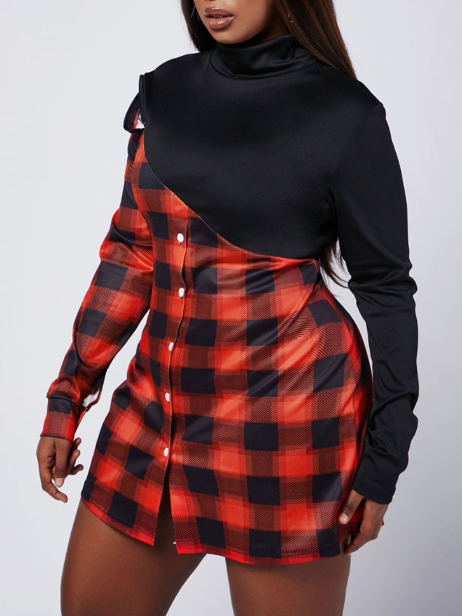 

Lovely Street Plaid Print Hollow-out Red Mini Plus Size Dress