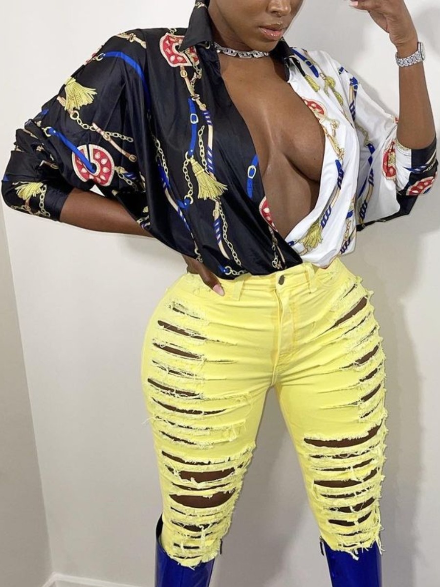 

Lovely Polyester Street Print Regular sleeve Split joint Loose Long Sleeve Turndown Collar Stitching Way Blouses, Black